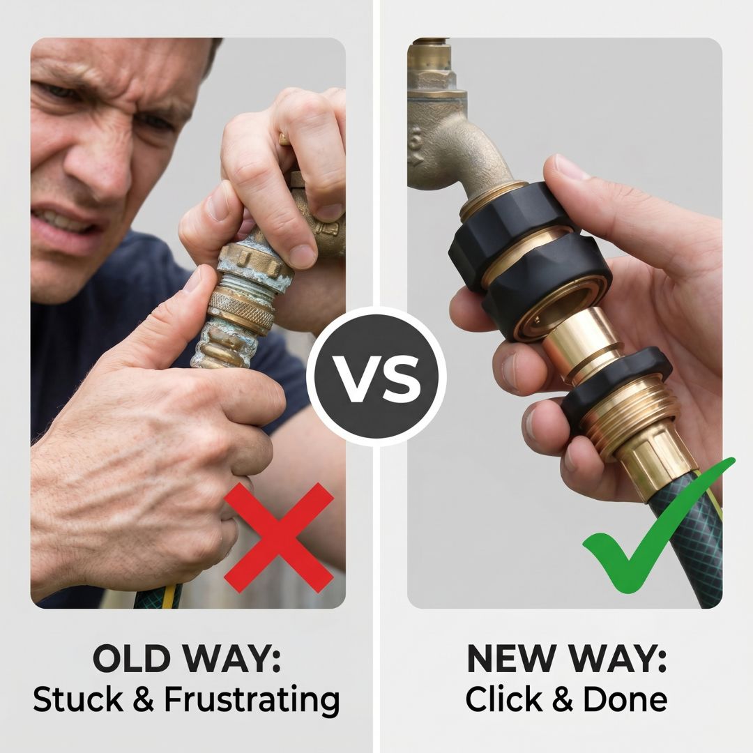 Old stuck hose connection compared with Nexli click and done method
